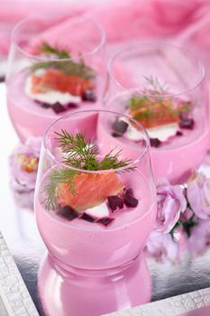 Salmon with beetroot mousse with the most delicate, soft texture combined with horseradish and cream cheese is a wonderful combination of taste. A delicious holiday appetizer.