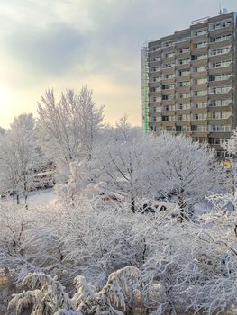 Amazing beautiful snowy winter snow and ice landscape panorama view with trees blue sky and town in Leherheide Bremerhaven Bremen Germany.