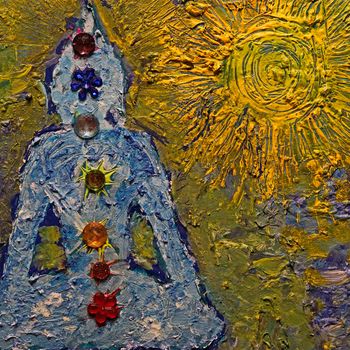 Buddha in the sun with the seven chakras. The painting is made with roughly applied acrylic paint. Colored acrylic stones were used for the chakras