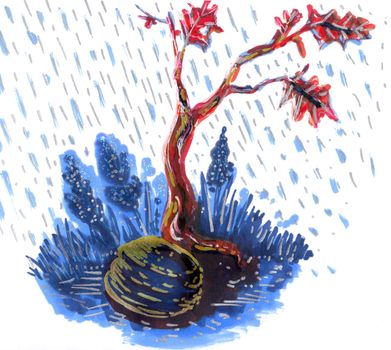 Hand drawn Autumn illustration. Maple tree in rainy weather. Artistic pen markers landscape on white background.