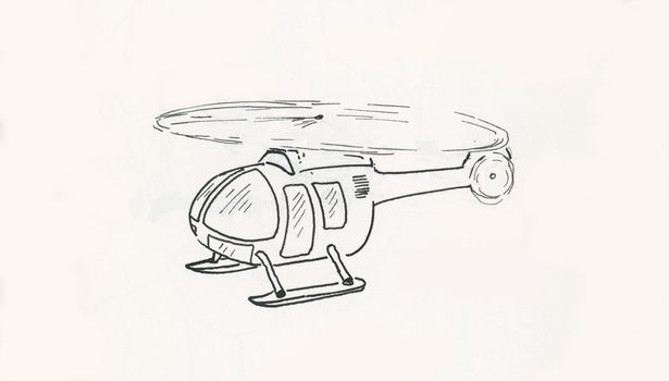Drawing of a flying helicopter. It's an ink drawing.