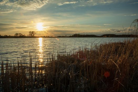 Sunset on an atmospheric lake with reeds, spring evening