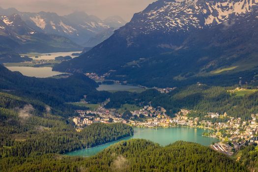 Above St. Moritz, Silvaplana And Maloja from Muottas Muragl, Engadine, Switzerland. High quality photo
