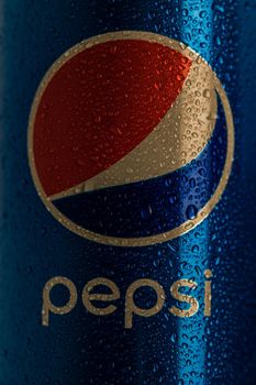 Detail of classic Pepsi can on black background. Studio shot in Bucharest, Romania, 2021