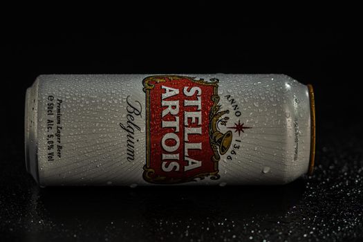 Condensation water droplets on Stella Artois beer can isolated on black. Bucharest, Romania, 2020