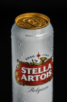 Condensation water droplets on Stella Artois beer can isolated on black. Bucharest, Romania, 2020