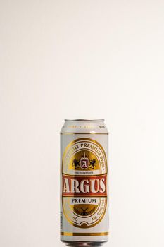 Argus Premium Lager beer. Lild supermarket own brand beer. Studio photo shoot in Bucharest, Romania, 2020