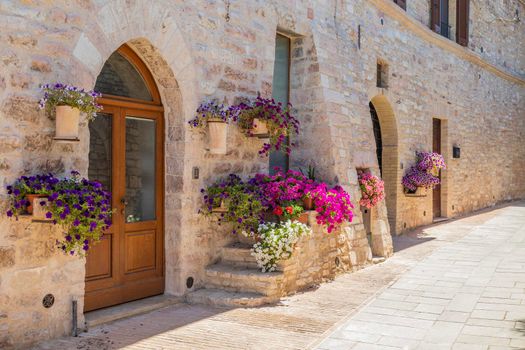 Assisi village in Umbria region, Italy. The town is famous for the most important Italian St. Francis Basilica (Basilica di San Francesco)