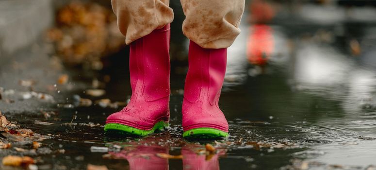 Kid wearing rubber boots standing in puddle in rainy day at autumn. Child feet in gumboots outdoors in fall season