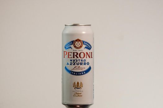 Peroni Nastro Azzurro, a premium lager beer produced since 1963 by Peroni Brewery located in Rome, Italy. Studio photo shoot in Bucharest, Romania, 2020