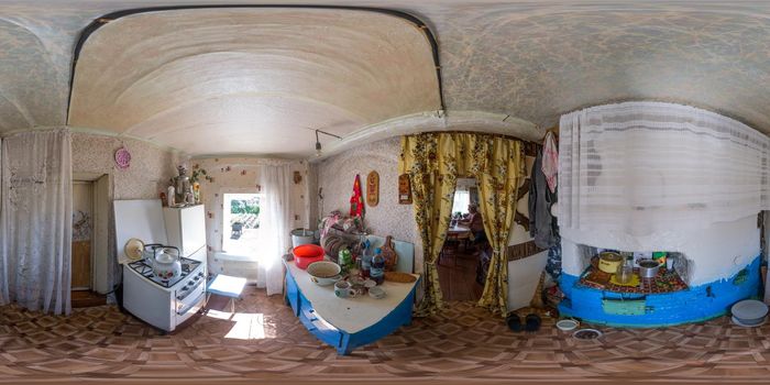 Seamless full spherical 360 degree panorama in equirectangular projection of rustic house kitchen at summer day in Karelian Kondopoga, Russia - July 1, 2013