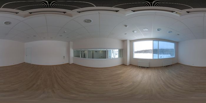 Seamless full spherical 360 degree panorama in equirectangular projection of empty small office room in industrial building with built-in ceiling air conditioner