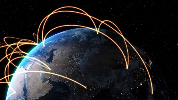 Global network and internet connection in orbital earth globe . Concept of wireless digital connection and internet of things in futuristic 3D rendering . Elements of this Image Furnished By NASA .