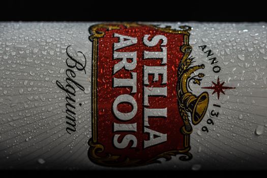 Condensation water droplets on Stella Artois beer can isolated on black. Bucharest, Romania, 2020