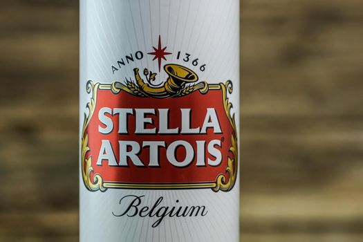 Great Belgium beer - Stella Artois. Belgium Premium Lager beer can. Studio photo shoot in Bucharest, Romania, 2020