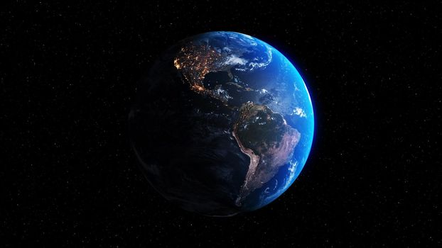 Planet earth with realistic geography surface and orbital 3D cloud atmosphere . Outer space view of world globe sphere of continents . 3D rendering graphic . Elements of this image furnished by NASA .