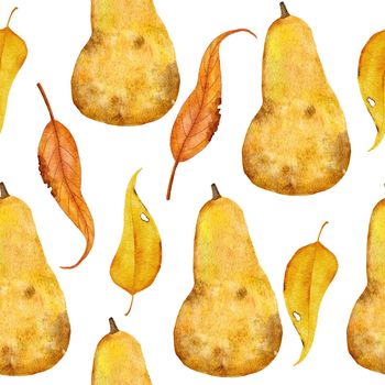 Watercolor hand drawn seamless pattern with ripe harvest ripe yellow pear. Thanksgiving fall autumn farm fabric print. Fruit fabric print for wrapping paper packages