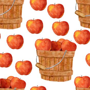 Watercolor hand drawn seamless pattern with ripe harvest apples in bucket basket. Thanksgiving fall autumn farm fabric print. Fruit fabric print for wrapping paper packages