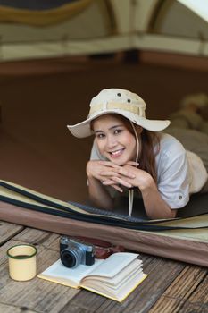 Asian woman journey and camping in Thailand. Travel outdoor activity lifestyle