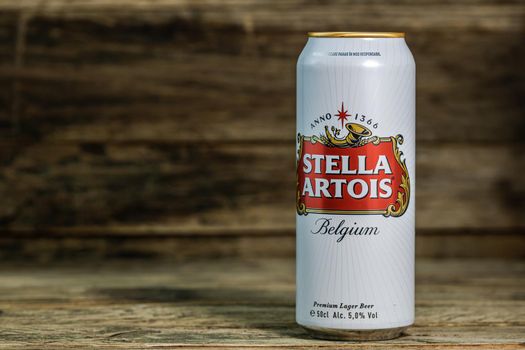 Great Belgium beer - Stella Artois. Belgium Premium Lager beer can. Studio photo shoot in Bucharest, Romania, 2020