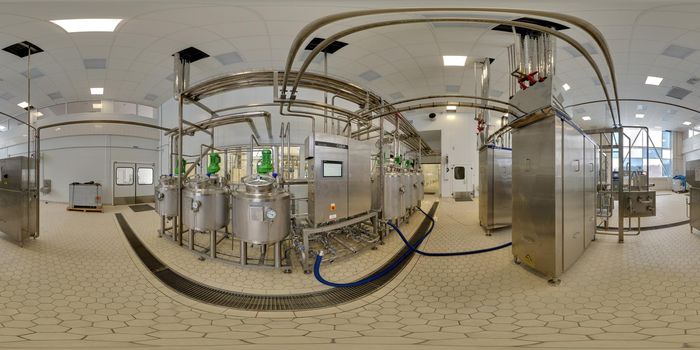 Seamless full spherical 360 degree panorama in equirectangular projection of Inside of food factory laboratory in Tula, Russia - February 11, 2013