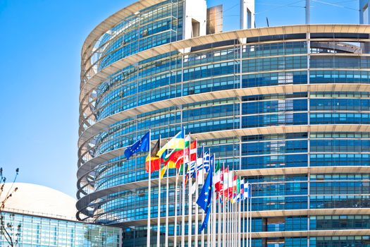 European countries flags in front of European Parliament building in Strasbourg view, Alsace region of France