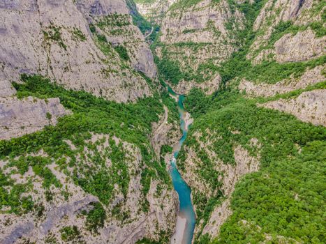 The purest waters of the turquoise color of the river Moraca flowing among the canyons. Travel around Montenegro concept.