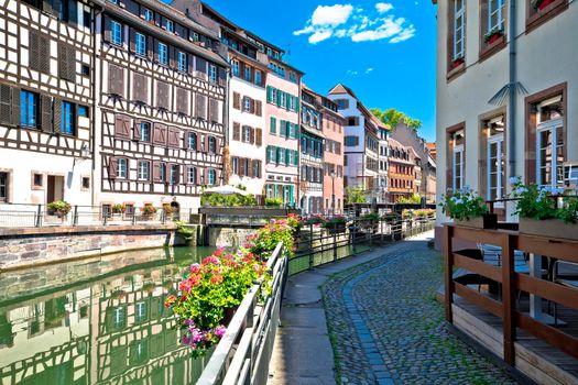 Town of Strasbourg canal and historic architecture in historic Little French quarters, Alsace region of France