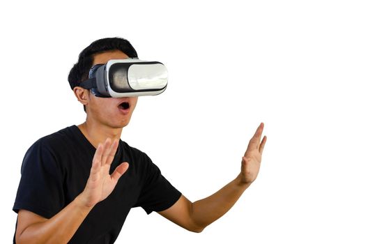 Virtual Experience. Excited Wearing VR Headset, Touching Air While Playing Video Game on white background.