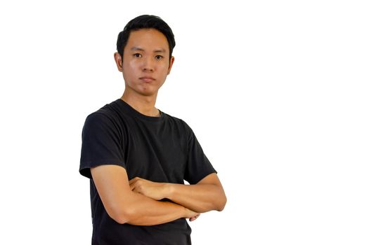 Asian man wearing a black T-shirt with his arms crossed on a white background.