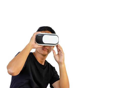 Virtual Experience. Excited Wearing VR Headset, Touching Air While Playing Video Game on white background.