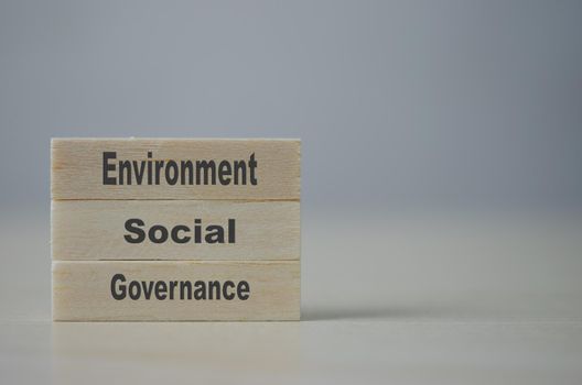 Wooden blocks with words ESG Environmental Social Governance on background and copy space.Business concepts.