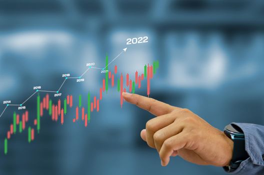 2022 New year candlestick graph chart auto trade, business finance investment stock exchange market concept background.