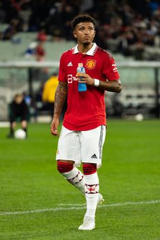 MELBOURNE, AUSTRALIA - JULY 15: Jadon Sancho of Manchester United after playing Melbourne Victory in a pre-season friendly football match at the MCG on 15th July 2022