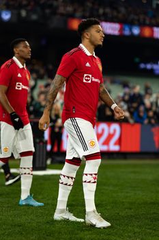 MELBOURNE, AUSTRALIA - JULY 15: Jadon Sancho of Manchester United enters the field before Melbourne Victory plays Manchester United in a pre-season friendly football match at the MCG on 15th July 2022