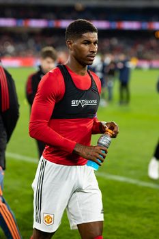 MELBOURNE, AUSTRALIA - JULY 15: Marcus Rashford of Manchester United after playing against Melbourne Victory in a pre-season friendly football match at the MCG on 15th July 2022