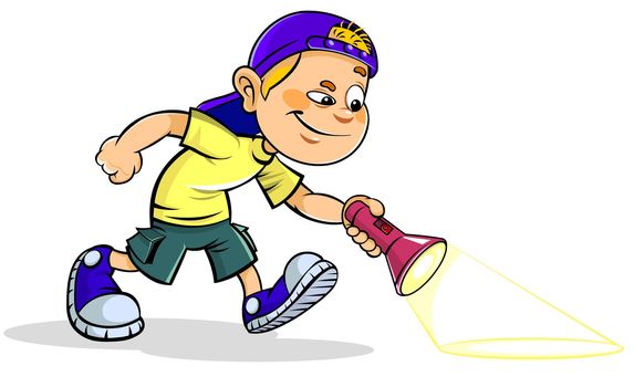 Color vector illustration of a cartoon boy with Flashlight.