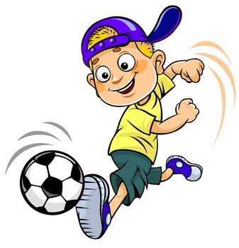 Color illustration of a cartoon smiling schoolboy playing soccer
