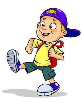 A colour illustration of a walking cartoon schoolboy with red school bag