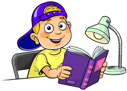 Color vector illustration of a cartoon smiling boy reading a book.