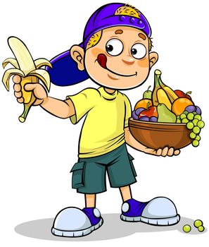 Color illustration of a cartoon cute boy with lot of Fruits