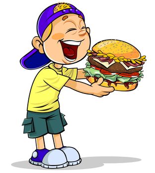 Color illustration of a cartoon boy eating burger.