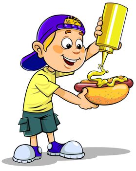 Color illustration of a cartoon smiling boy eating hotdog.