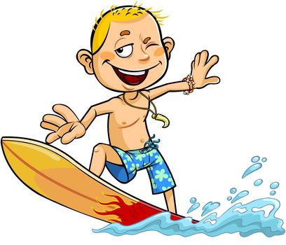 Color illustration of a cartoon smiling boy riding on a surfboard