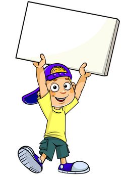 Color illustration of a cartoon boy standing and holding up Blank Banner