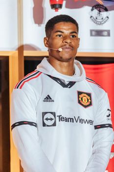 MELBOURNE, AUSTRALIA - JULY 16: Marcus Rashford of Manchester United at an away kit promotional launch at Federation Square in Melbourne on 16th July 2022