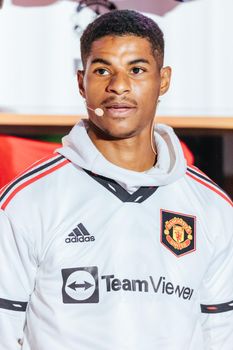 MELBOURNE, AUSTRALIA - JULY 16: Marcus Rashford of Manchester United at an away kit promotional launch at Federation Square in Melbourne on 16th July 2022