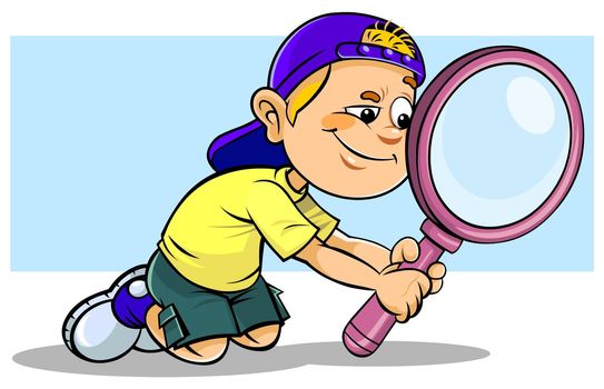 Colour illustration of a cartoon Boy holding a magnifier