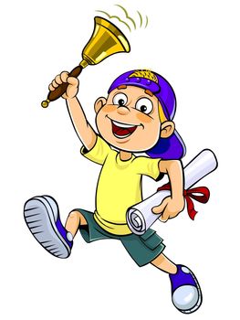 Color vector illustration of a cartoon schoolboy running with bell