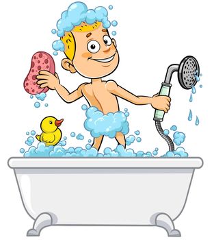 Color vector illustration of a  cartoon schoolboy having bath in a tube.